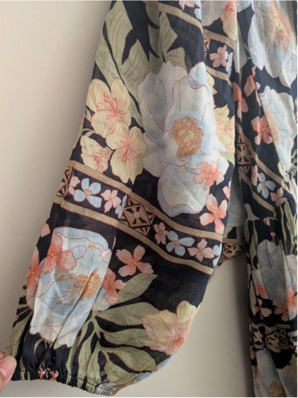 Billabong Lost Cove Midi Dress L Black Floral Cotton Gauze Boho Puff Sleeve - Picture 7 of 12